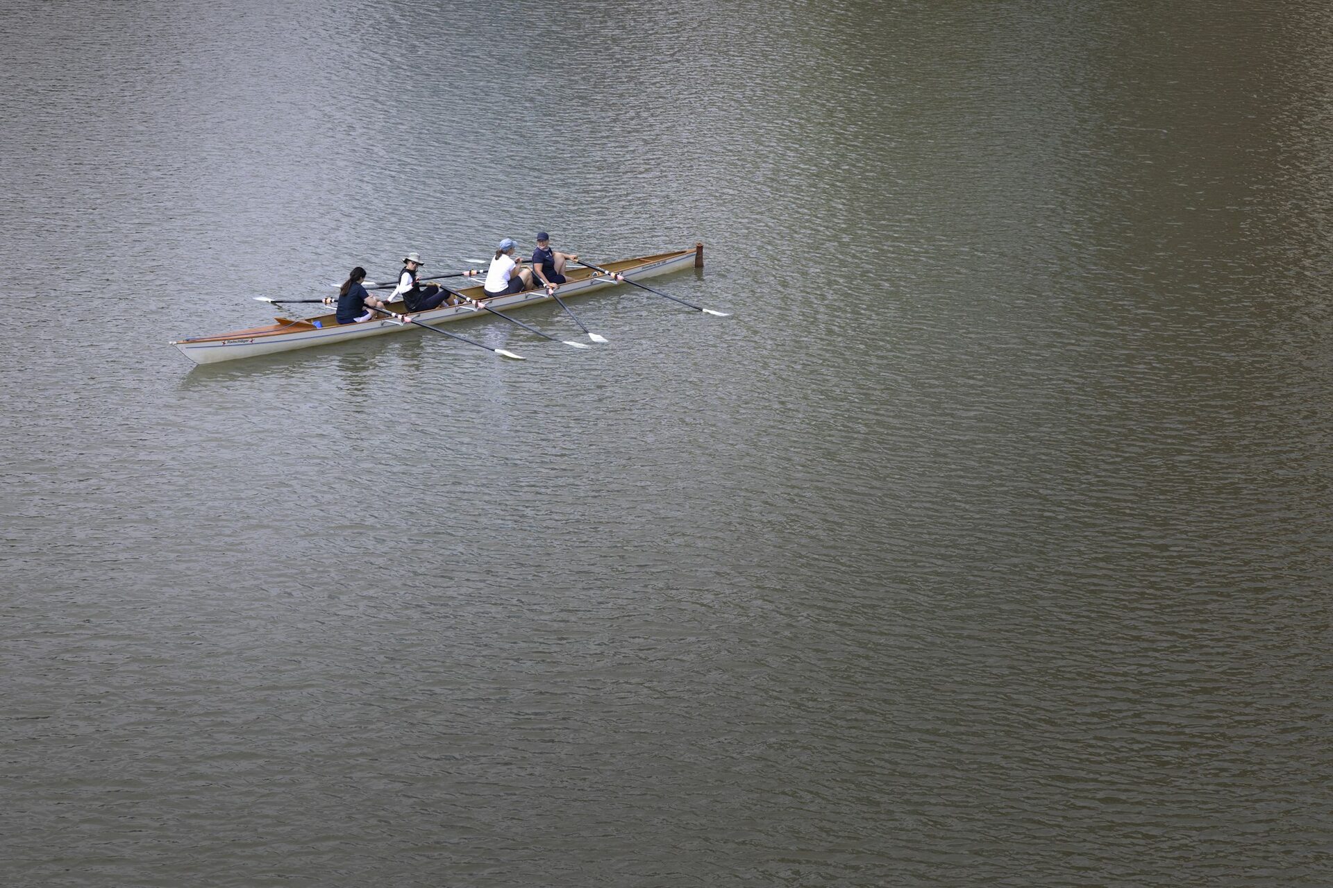 A rowing crew moving in perfect unison on glassy water